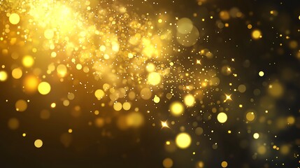 Abstract background with golden bokeh lights and glitter particles.