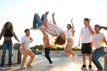 Obraz premium Group of friends having fun outdoor with a young man doing a backflip in the air in a sunny day