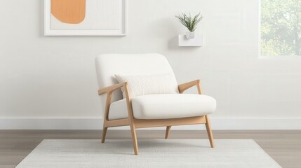 modern upholstered lounge armchair with a decorative pillow, Furniture photography, copy space