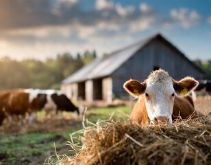 Krowy pasą się przy oborze