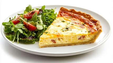 Flaky quiche Lorraine with a side of salad, placed on a white plate with an isolated background