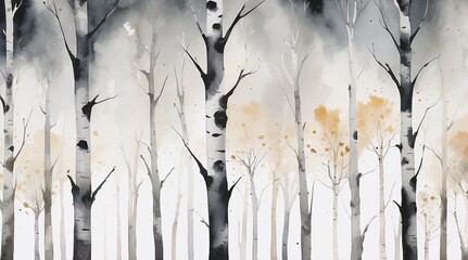 Watercolor birch forest scene in monochrome with touches of gold for artistic use