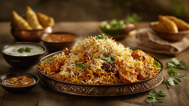Aromatic Indian Biryani Feast Elegantly Presented on Rustic Wooden Table