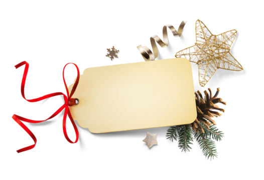 Christmas greeting card and Christmas decorations composition on transparent background. Flat lay, top view. Real transparent neutral shadow