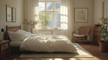 Cozy Bedroom with White Bedding and Natural Light - 3D Illustration