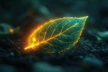 glowing green leaf with a luminescent stem embodying a futuristic aesthetic and technological feel set against a dark background symbolizing innovation in nature