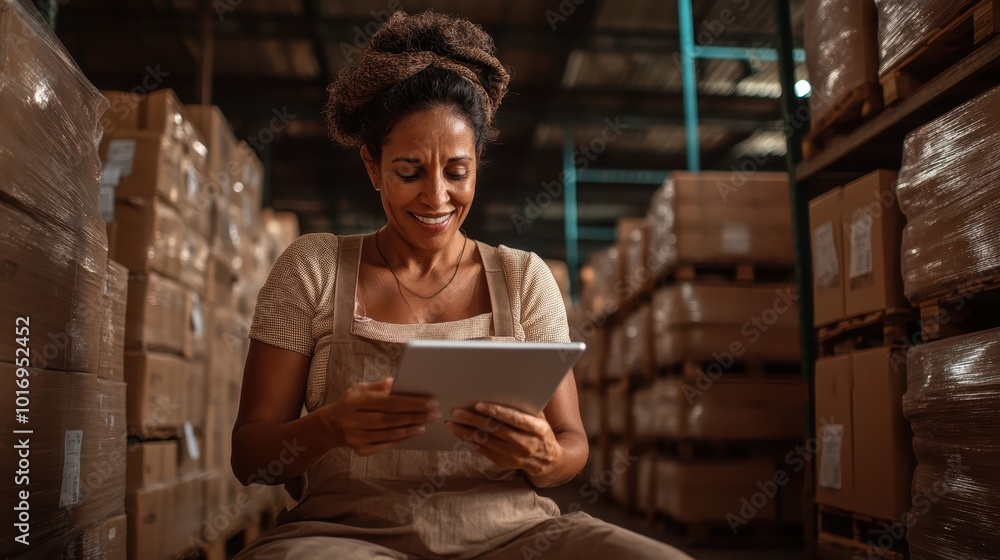 Wall mural a woman wearing light work attire smiles while using a tablet in a warehouse filled with boxes, conv