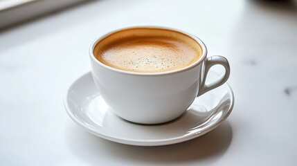 An americano coffee in a cup with a saucer on a white table, perfect for breakfast.