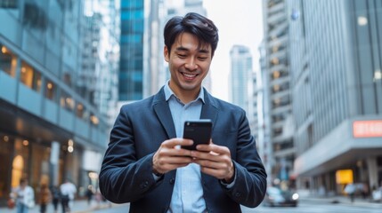 Young happy Asian businessman executive, Japanese business man investor standing in big city street with downtown buildings using cell phone looking at smartphone checking financial apps on mobile