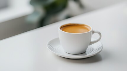 Obraz premium An americano coffee in a cup with a saucer on a white table, perfect for breakfast.