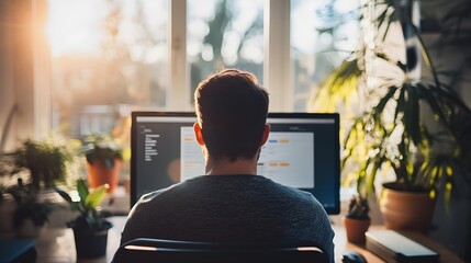 picture taken from back in a sunny day in a modern office of a person in front of a pc screen with a training video course with powerpoint slides