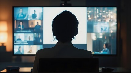 picture taken from back of a person in front of a pc screen with in it a multi video call with a shared financial presentation