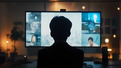 picture taken from back of a person in front of a pc screen with in it a multi video call with a shared financial presentation