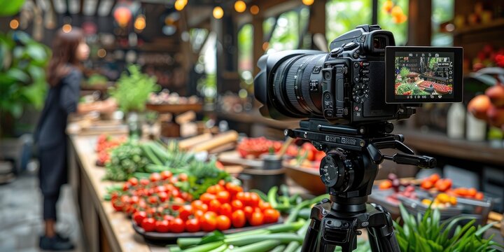 Filming a culinary tutorial in a vibrant market with fresh produce and creative ambiance