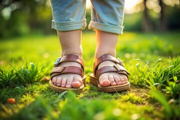 Child&rsquo;s feet in brown sandals on sunlit grass close-up