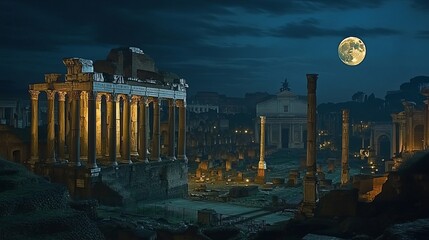 Fototapeta premium Night View of the Forum Romanum in Rome, Italy – A Stunning Display of Ancient Ruins Illuminated Under the Night Sky, Showcasing the Architectural and Historical Grandeur of the Roman Empire