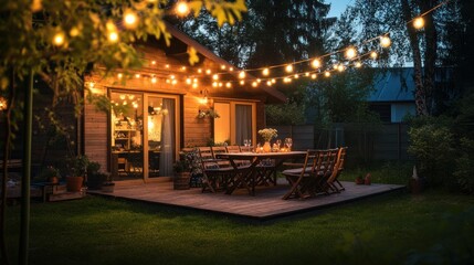 The contemporary wooden house's backyard is lit up at night, and people are seated around the table.