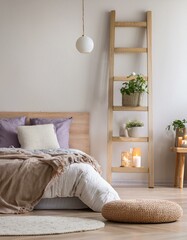 A cozy Scandinavian bedroom featuring a minimalist wooden bed frame