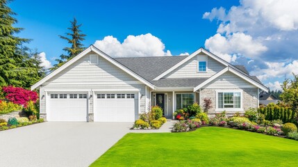A white, single-story rambler home with a three-car garage, large driveway, and lush backyard landscaping is shown on a summer day with blue skies.