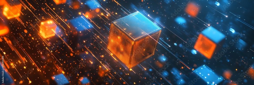 Poster an absolutely vibrant and captivating abstract artistic representation of data storage along with co