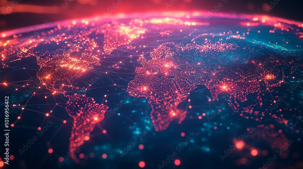 Wall mural a glowing red network map of the world with connected dots.