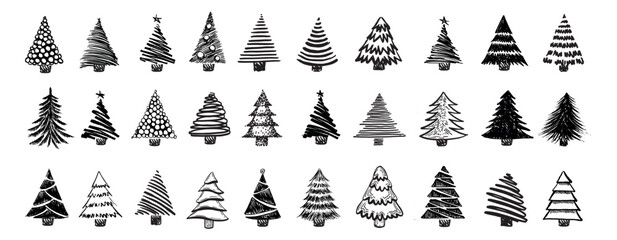 Christmas tree and gift on blue, pattern, hand drawn illustrations. Vector.
