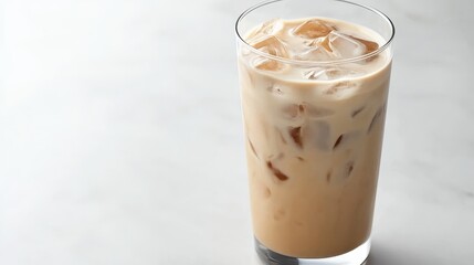 A refreshing glass of iced latte is captured against a pristine backdrop of white.
