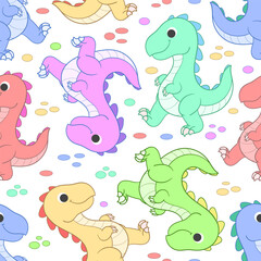 Seamless pattern with colorful dinosaurs on a white background. For children's fabric design, wallpaper, backgrounds, prints, wrapping paper, etc. Vector