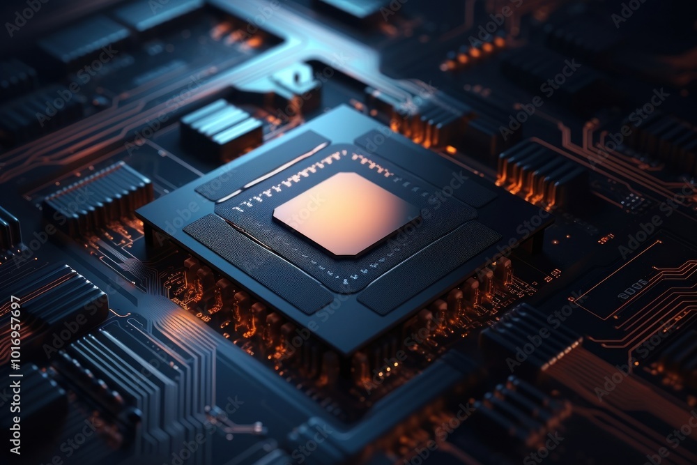 Poster futuristic central processor unit on dark background technology computer motherboard.