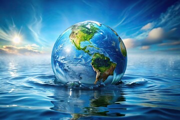 Melting earth in water due to global warming, bird eye view