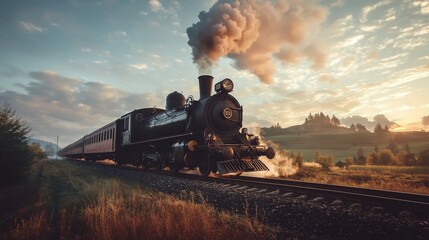 Naklejka premium Vintage Train Chugging Through Scenic Landscape