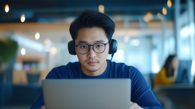 A young Asian man wearing glasses and large headphones around his neck is focused on his laptop screen, working in a modern, open-plan office. Behind him, diverse colleagues are al - Powered by Adobe