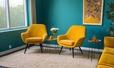 Modern Living Space: Yellow Table and Colorful Decor on Teal Background, Generative Ai