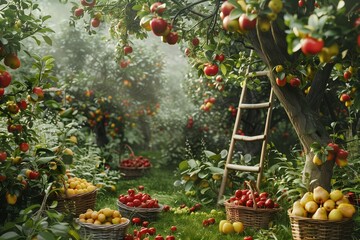 A lush summer garden with a variety of fruit trees, including apple, pear, and cherry, with a wooden ladder propped against one tree and baskets of ripe fruit on the ground.