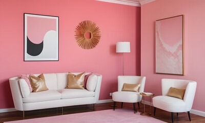 Contemporary Living Space Featuring White Table and Colorful Decor on Pink Wall, Generative Ai