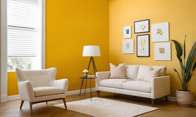 Colorful Interior Scene: White Table on Eye-Catching Yellow Wall, Generative Ai