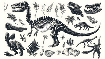 Collection of dinosaur skeletons and fossils with plants and paleontology elements for prints  -