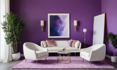 Bright and Bold Room: White Table with Artistic Touches on Voilet wall with Painting Decors, Generative Ai