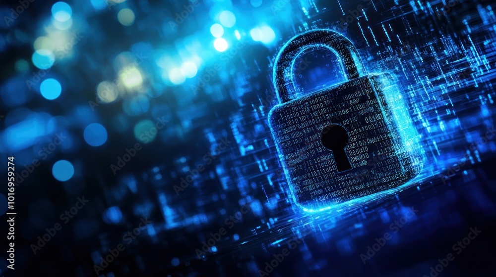 Poster a digital padlock representing cybersecurity and data protection concepts.