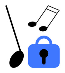 Simple black musical notes and a blue lock symbol on a white background. Ideal for music security, data protection, digital rights management, music industry, graphic design projects. Minimalist