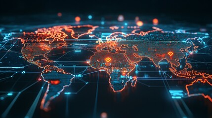 World Map with Network Connections and Red Markers
