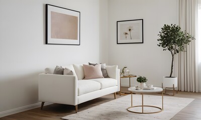 Artful Space: White Table with Paintings Against White Wall, Generative Ai