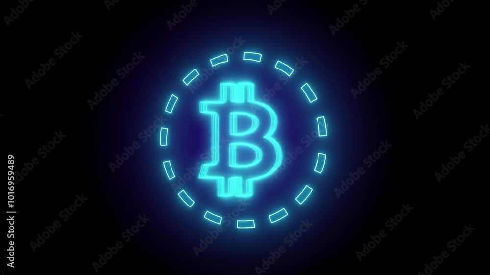 Poster bitcoin icon neon animation. neon bitcoin lights on black background. glowing bitcoin. blockchain ba