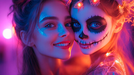 Obraz premium Portrait mum and daughter with neon make up look at camera.