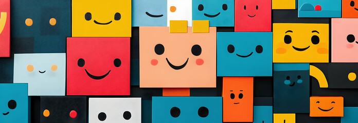 Colorful rectangles with facial expressions, blending geometric shapes and cute characters-