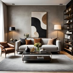 A sleek modern living room with a caramel leather sofa, cozy chair, and a black coffee table. The gray concrete wall adds an industrial feel, while a built-in wooden shelf showcases decorative accents