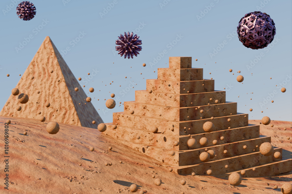 Poster Digital artwork of pyramids with floating spheres, representing a blend of ancient architecture and modern themes.3d rendering