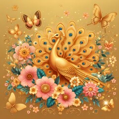 Fototapeta premium Flowers and a peacock surround a peacock golden with colored roses 