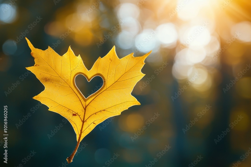 Wall mural yellow maple leaf with a heart-shaped cutout hanging in focus against a blurred background of autumn