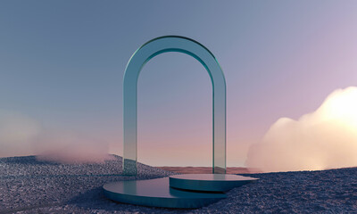 Ice podium, empty pedestal for cosmetics. Crystals and ice minerals in winter surreal futuristic landscape. 3d render illustration. Architectural composition on surreal landscape with water. 